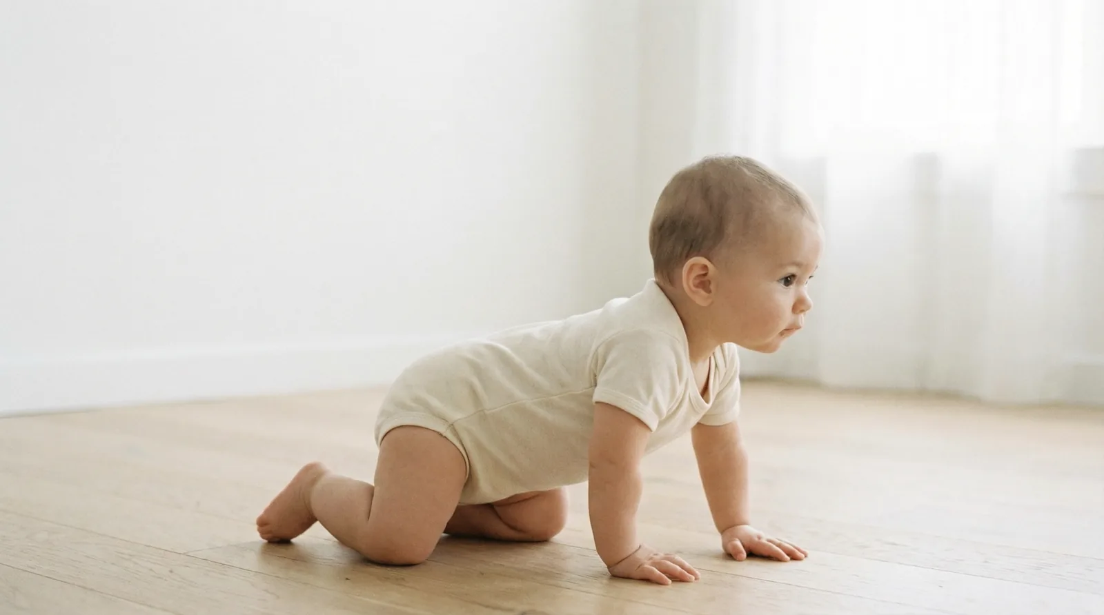 Crawling: Exploring the World Baby crawling on wooden floor in cozy nursery, mobility milestone development
