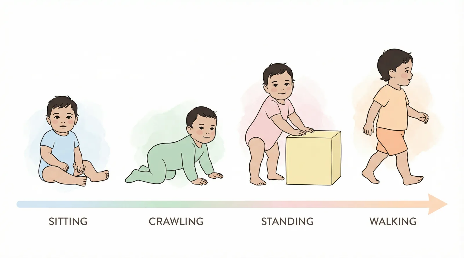 Physical Development Stages: From Sitting to Walking Baby development stages illustration showing sitting, crawling, standing and walking progression