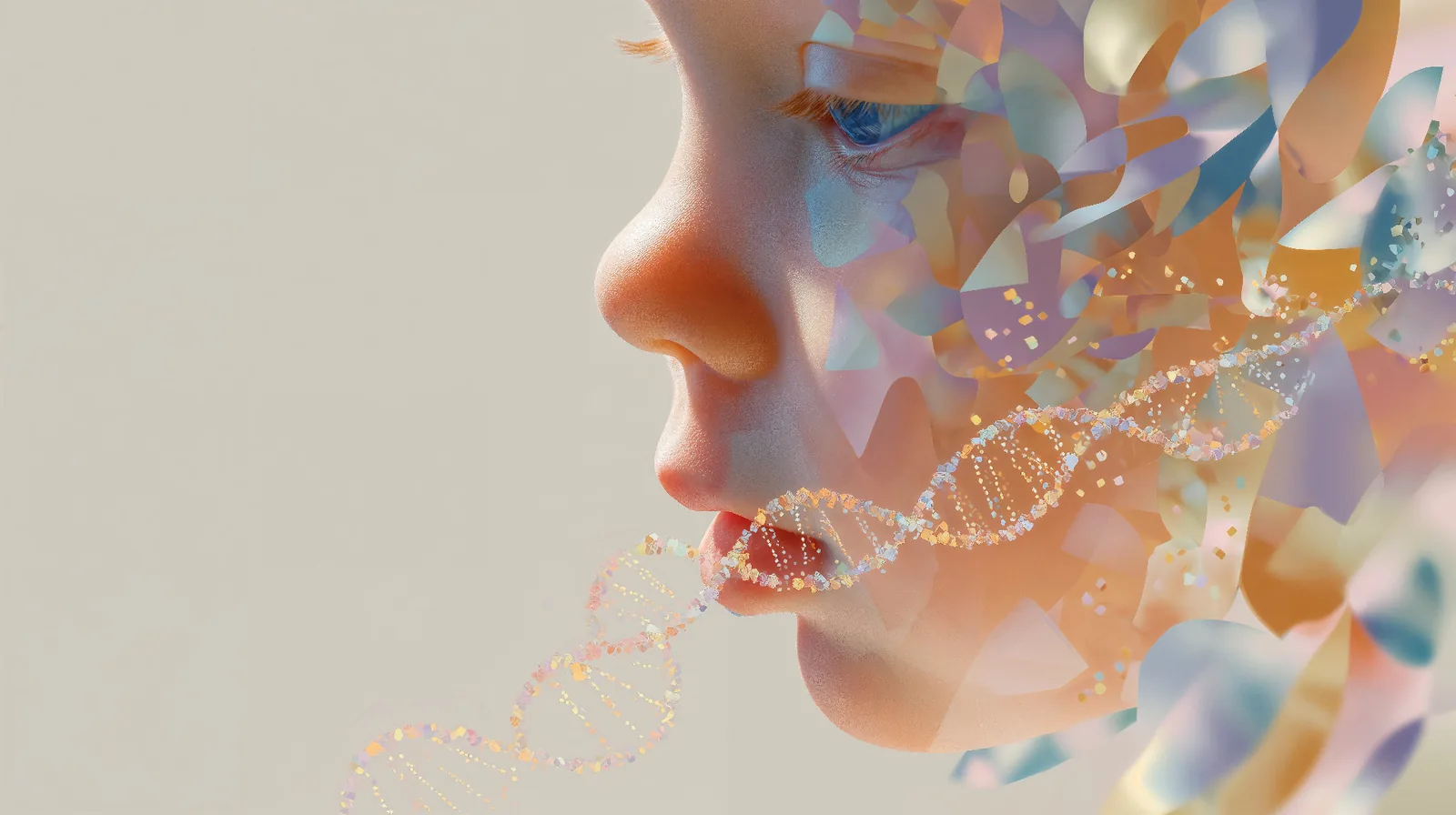 Artistic illustration of baby face formed from colorful DNA strands representing genetic inheritance