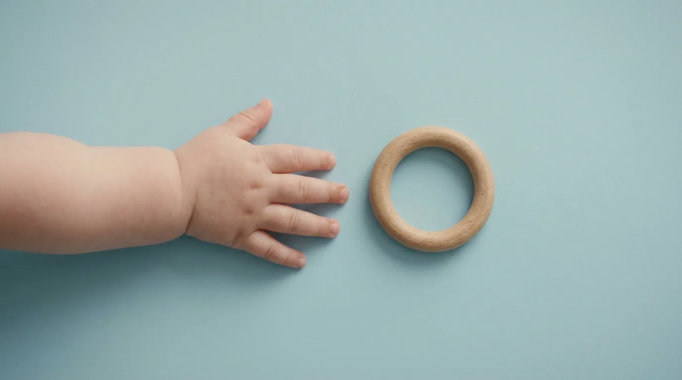 Fine Motor Skills: Grasping and Reaching Baby hand reaching for wooden toy ring, fine motor skills development