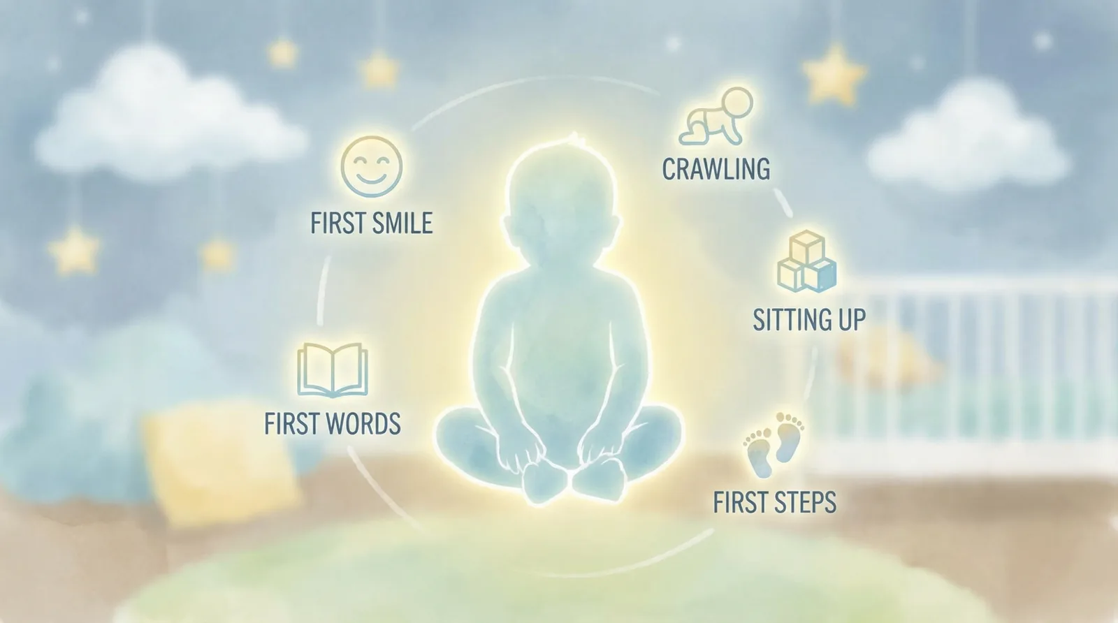 Key Baby Development Milestones in the First Year Baby development milestones infographic showing first smile, crawling, sitting up, first words and first steps