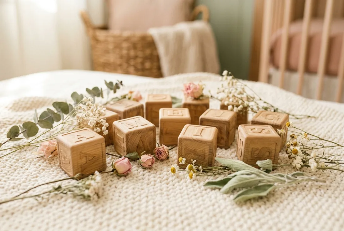 Bloques de madera con letras sobre manta de punto crema con flores secas