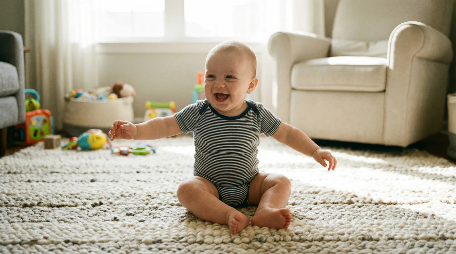 Sitting Milestone: A Major Achievement Happy baby sitting independently on carpet surrounded by toys, developmental milestone