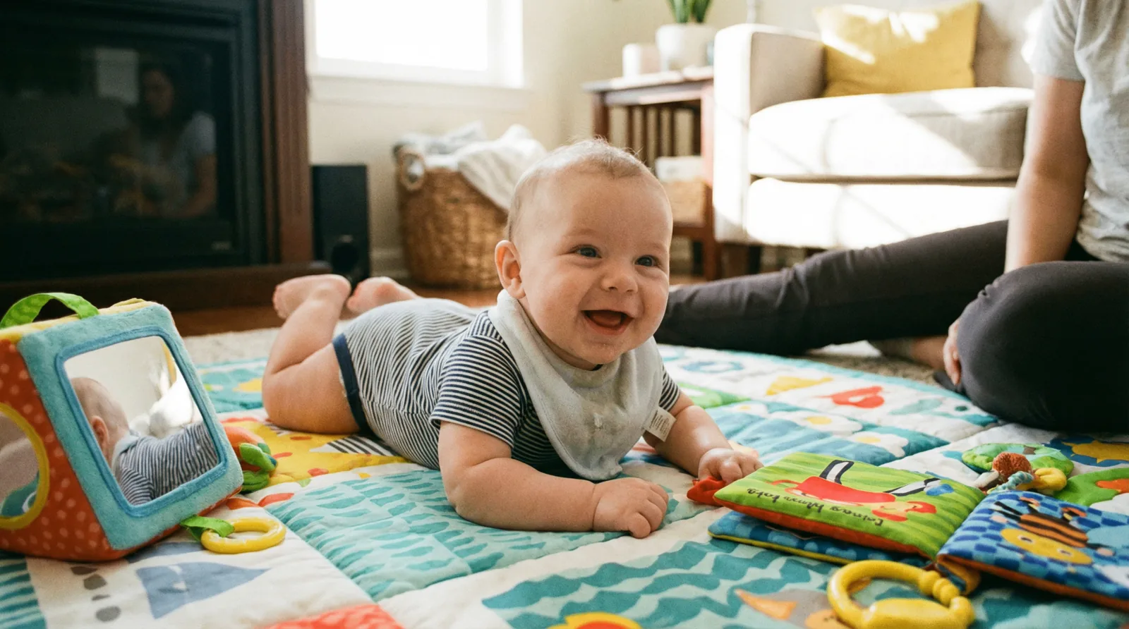 Tummy Time: Building Strength and Curiosity Happy baby doing tummy time on colorful playmat with toys and books, developmental milestone