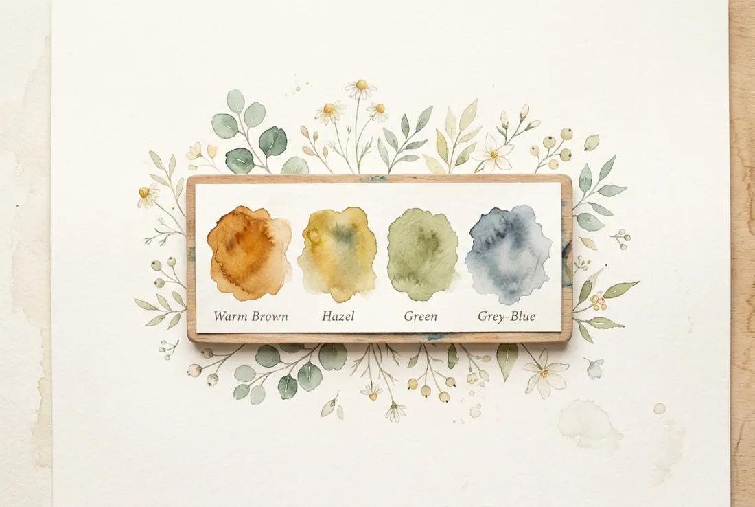 Watercolor palette with soft swatches of brown, hazel, green and blue eye colors