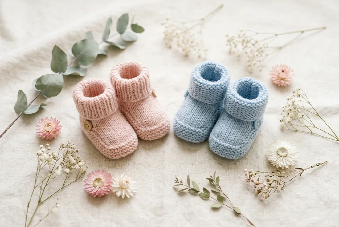 Patucos de punto en tonos rosa y azul sobre lino beige con flores secas