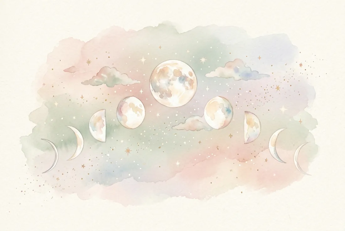 Ancient Calendars and Moon Math Watercolor moon phases in pastel tones, ancient lunar calendar concept