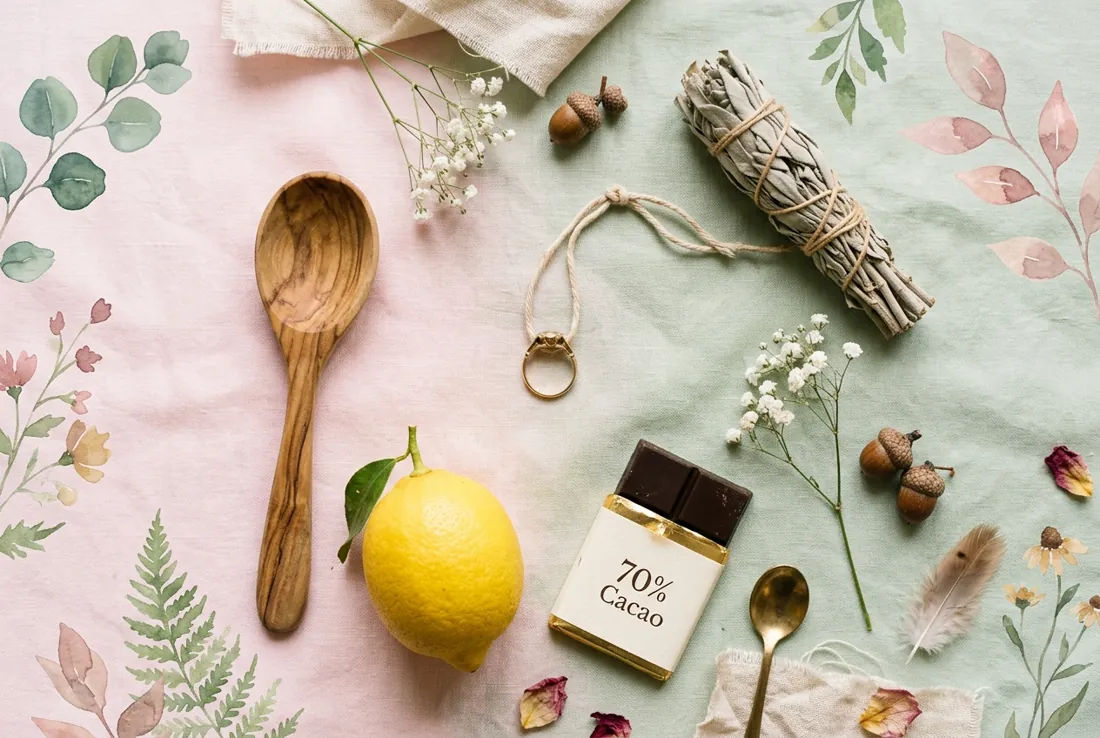 Old Wives' Tales, Tested Flat lay of gender prediction folklore symbols: ring on a thread, wooden spoon, lemon and chocolate