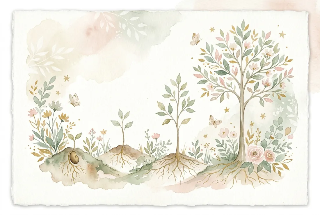 From Sprout to Full Height Watercolor of a sapling growing into a tall young tree in stages