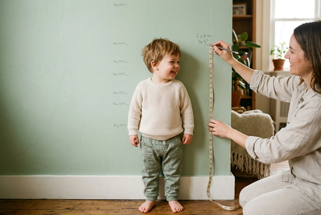 Miden a un niño pequeño contra la pared con cinta métrica suave