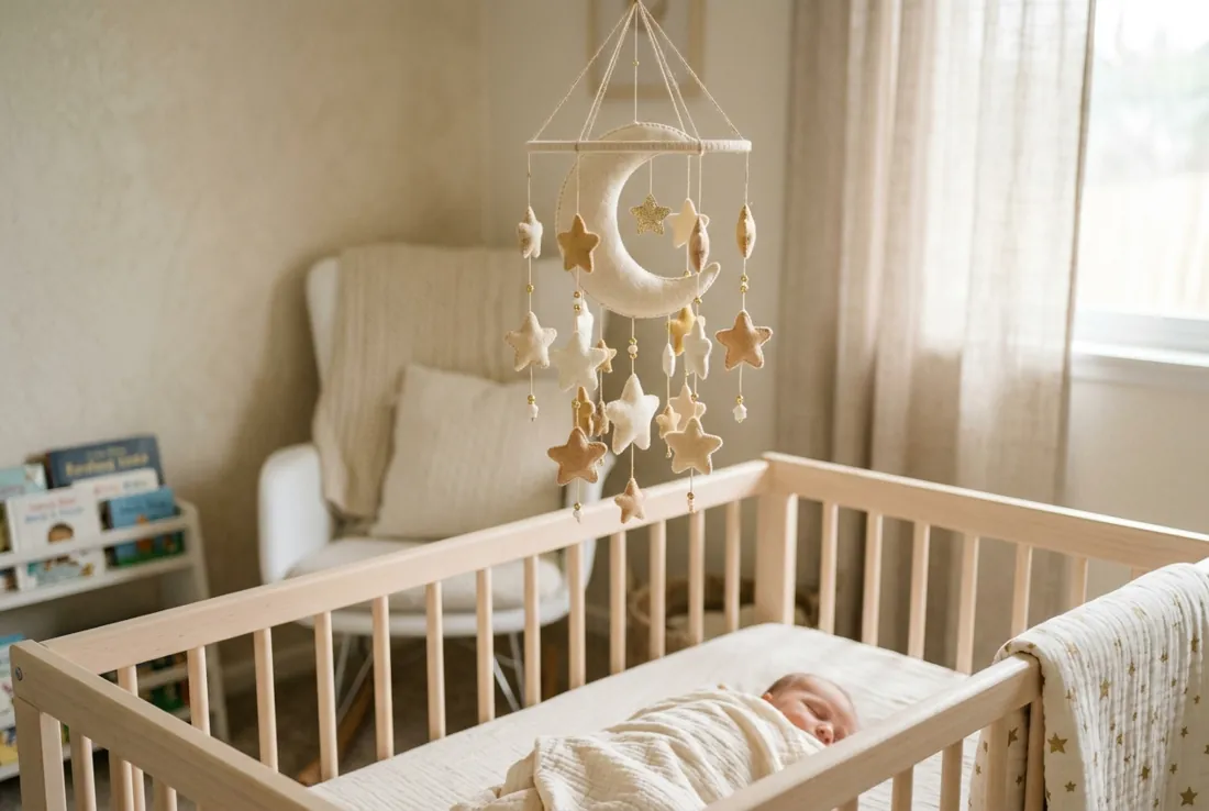 Moon Math for Modern Parents Crescent moon and stars mobile over a pastel nursery crib