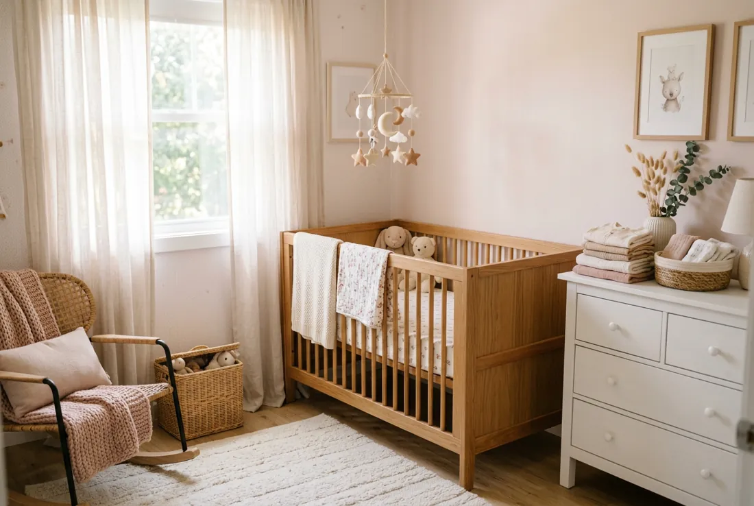 Third Trimester: Almost Home Cozy pastel nursery with wooden crib and folded baby clothes