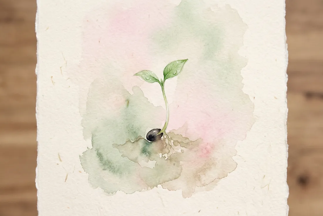 First Trimester: Tiny Beginnings Watercolor of a tiny sprout growing from a seed, new beginnings concept