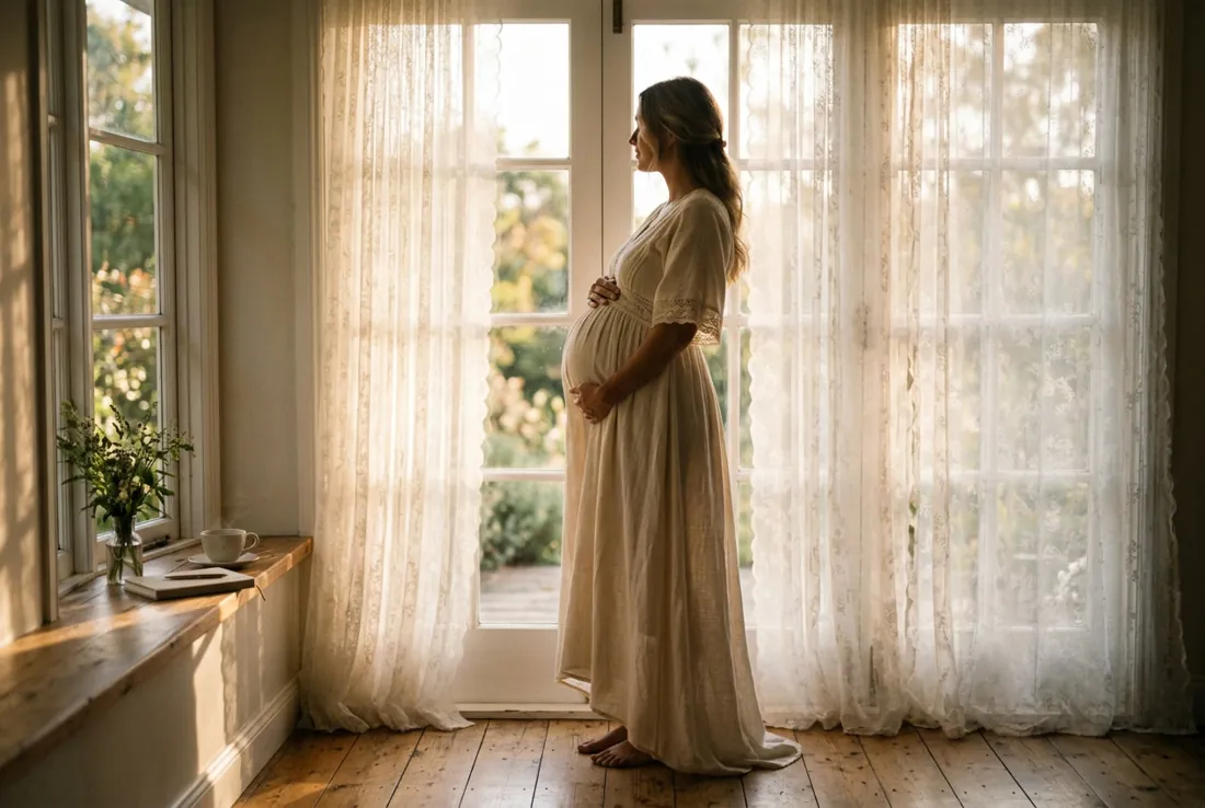 Mujer embarazada con vestido fluido junto a una ventana luminosa tomando una infusión