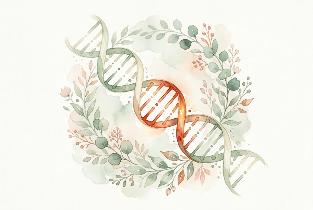 Watercolor DNA helix with strands highlighted in copper red