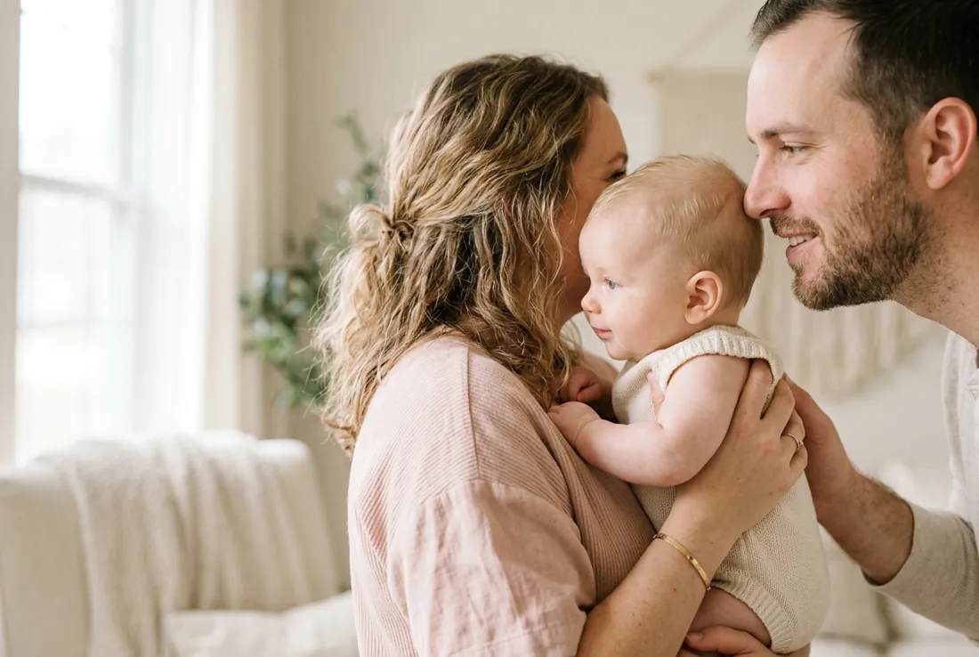 Bebé entre mamá y papá con sus caras cerca a cada lado