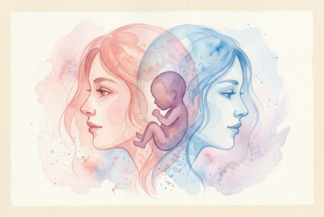 Two Profiles, One Brand-New Face Watercolor of two translucent parent profiles blending into a baby silhouette