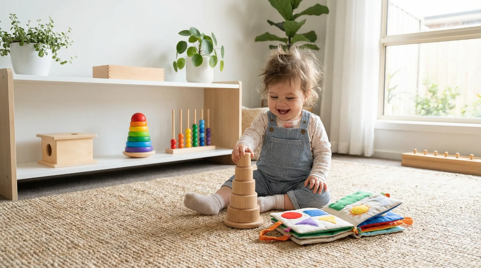 Problem Solving and Fine Motor Skills Toddler playing with stacking toys and shapes in Montessori environment, cognitive development