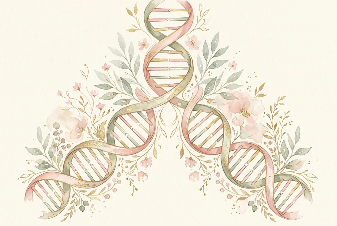 The Genetics of Twinning Watercolor DNA helix splitting into two mirrored strands