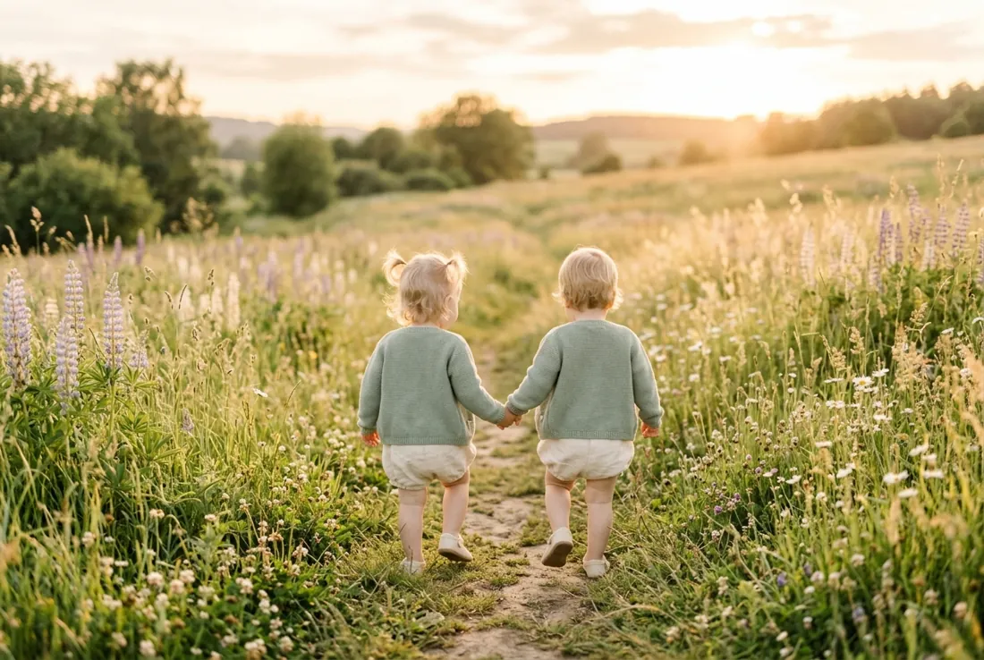 Growing Up Together Twin toddlers in matching pastel outfits holding hands in a sunlit meadow