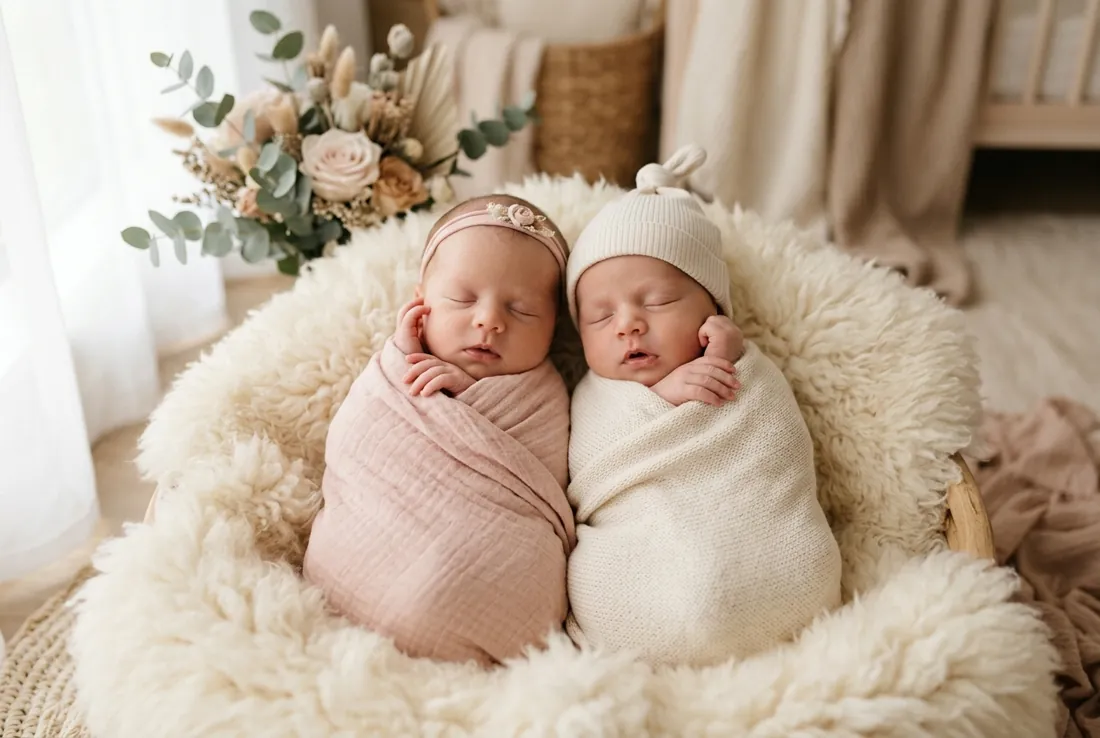 Dos bebés recién nacidos durmiendo plácidamente juntos envueltos en arrullos de tonos crema y rosa