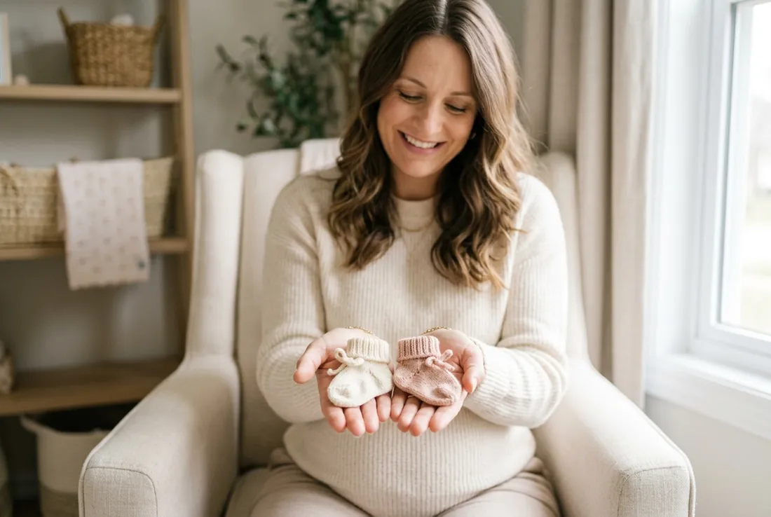 Expecting Double Smiling pregnant woman holding two pairs of tiny baby socks