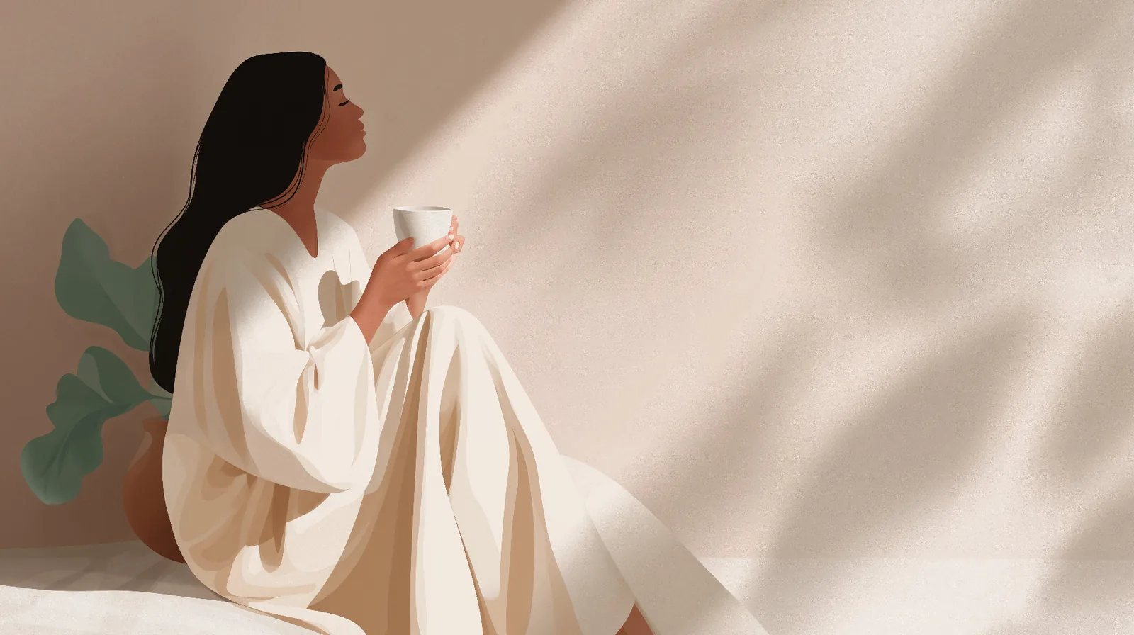 Mujer sentada pacíficamente con té matutino, preparación para el embarazo