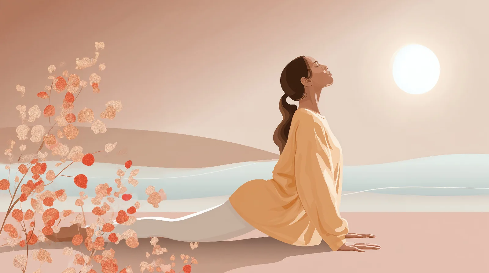 Self-Care and Stress Management for Fertility Serene woman practicing gentle stretching and relaxation at sunset for stress reduction during pregnancy planning